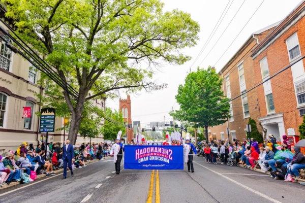 Shenandoah University's Marching Band performs in the 2024 Shenandoah Apple Blossom Festival Grand Feature Parade.